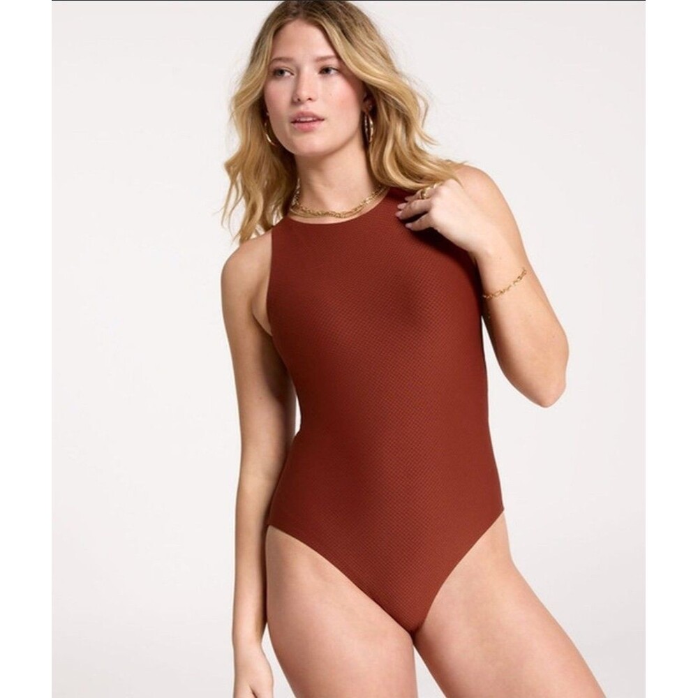 CALIA Women's Red Brown Mesh High Neck Open Back One Piece Swimsuit Sz 20 New